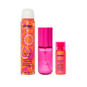 refresh. prep + mist set amika:aura hair + body mist. perk up plus dry shampoo. superfruit star styling oil