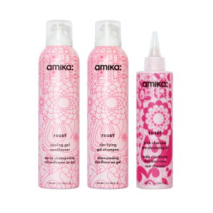 detox set reset clarifying gel shampoo. cooling gel conditioner + pink charcoal scalp cleansing oil